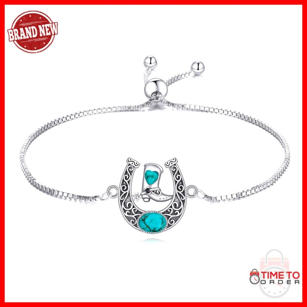 925 Sterling Silver Adjustable Bracelet with Turquoise Horseshoe Pendant